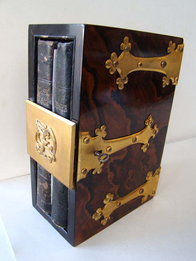 An English Victorian brass mounted burled walnut double book box circa 1873 — image 2